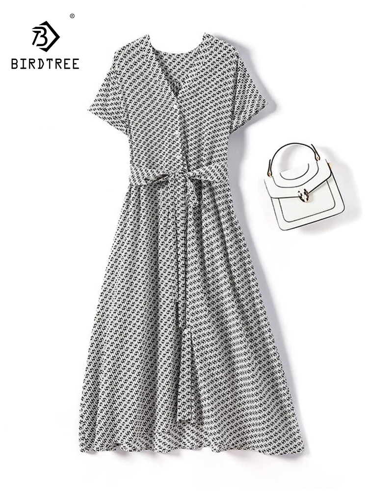 

Женское шелковое платье с v-образным вырезом Birdtree 16 мм, приталенное платье средней длины с принтом оленя для отдыха, лето, новинка, D37250QC