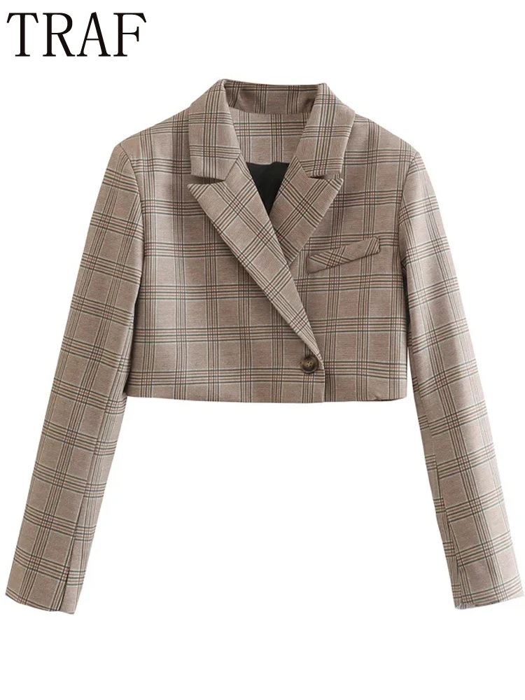 

TRAF 2022 Cropped Plaid Blazer Woman Lapel Collar Female Blazer Fashion Long Sleeve Jacket Women Casual Checked Button Jacket