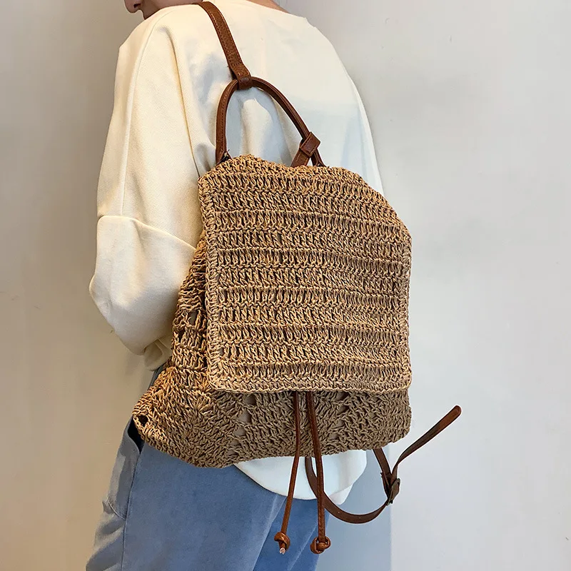 

Женский соломенный рюкзак, повседневная плетеная пляжная сумка на плечо ручной работы с ручками сверху, для путешествий и покупок