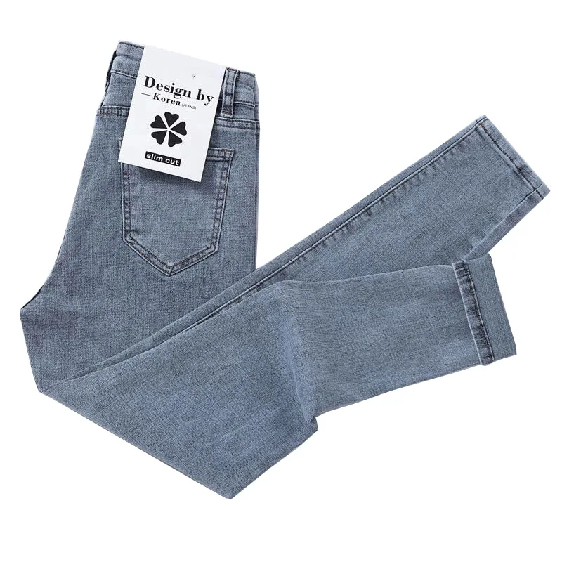 Jeans denim women's decoration thin Korean all-match nine points pencil pencil feet pants autumn