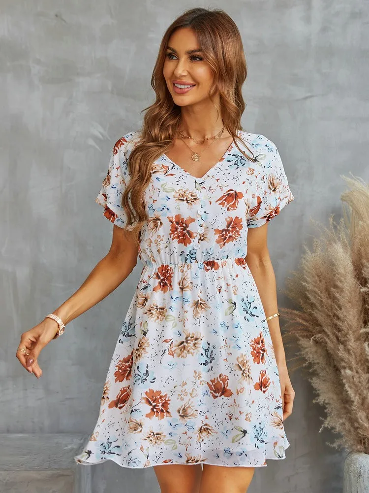 

Женское шифоновое платье с цветочным принтом, V-образным вырезом и коротким рукавом
