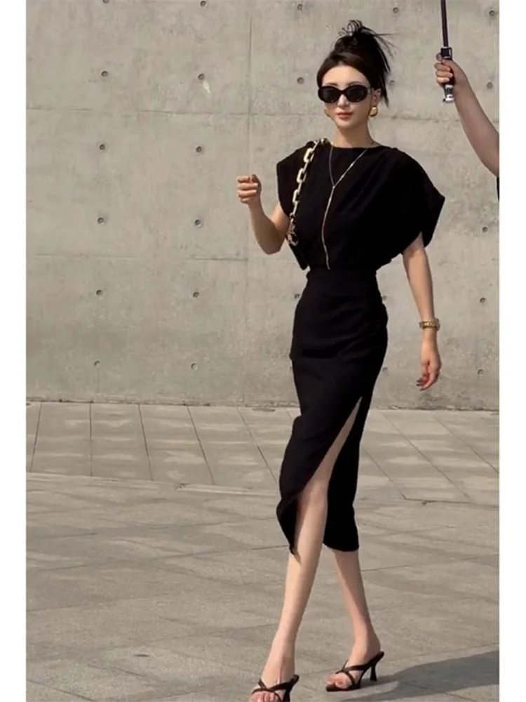Royal Sister Style, Light and Luxury, High end Exquisite Tea Break, French Style, Strong aura, Black Slim Wrapped Hip Dress,