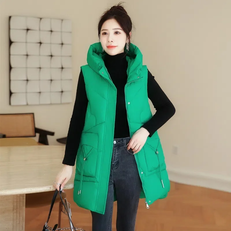 

New Women Sleeveless Vest Long Down Jacket Solid Korea Hooded Padded Vests Loose Female Waistcoat 2023 Ladies Casual Winter Coat