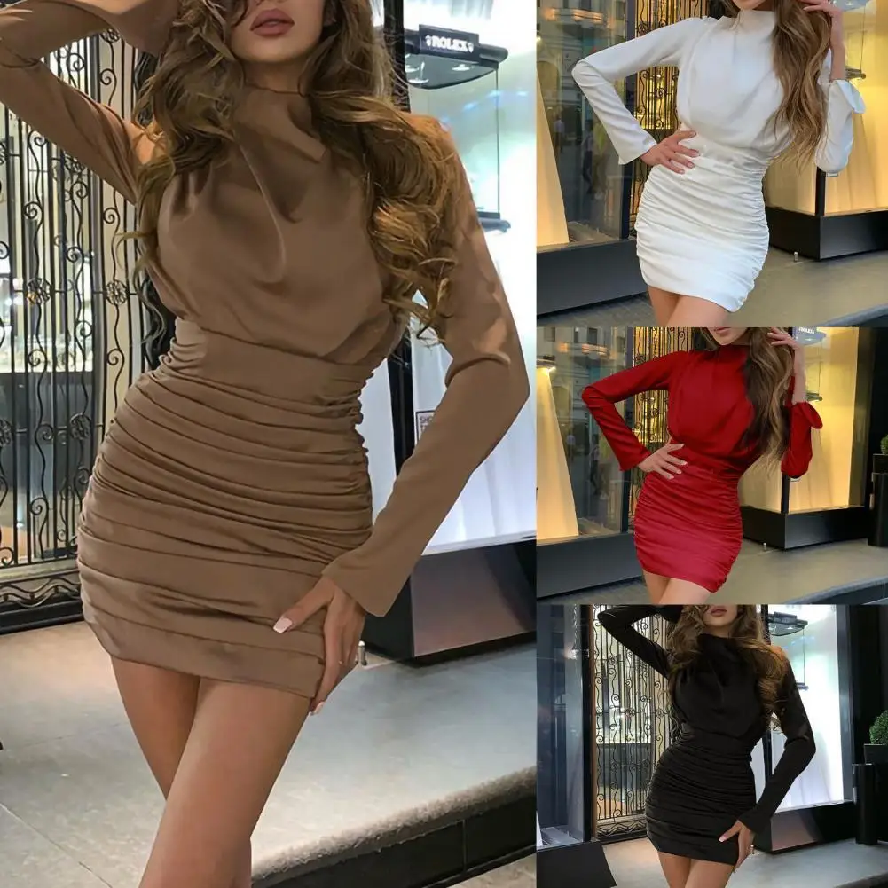 

Женское шелковое Плиссированное мини-платье Fanbety, элегантное осеннее облегающее платье с круглым вырезом и длинным рукавом для клуба Вечер...