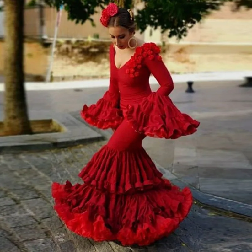 

Red Mermaid Flamenco Prom Dresses Ruffles Flare Long Sleeves Tutu Tiered Celebrity Party Gowns For Women 2023 Evening Wear