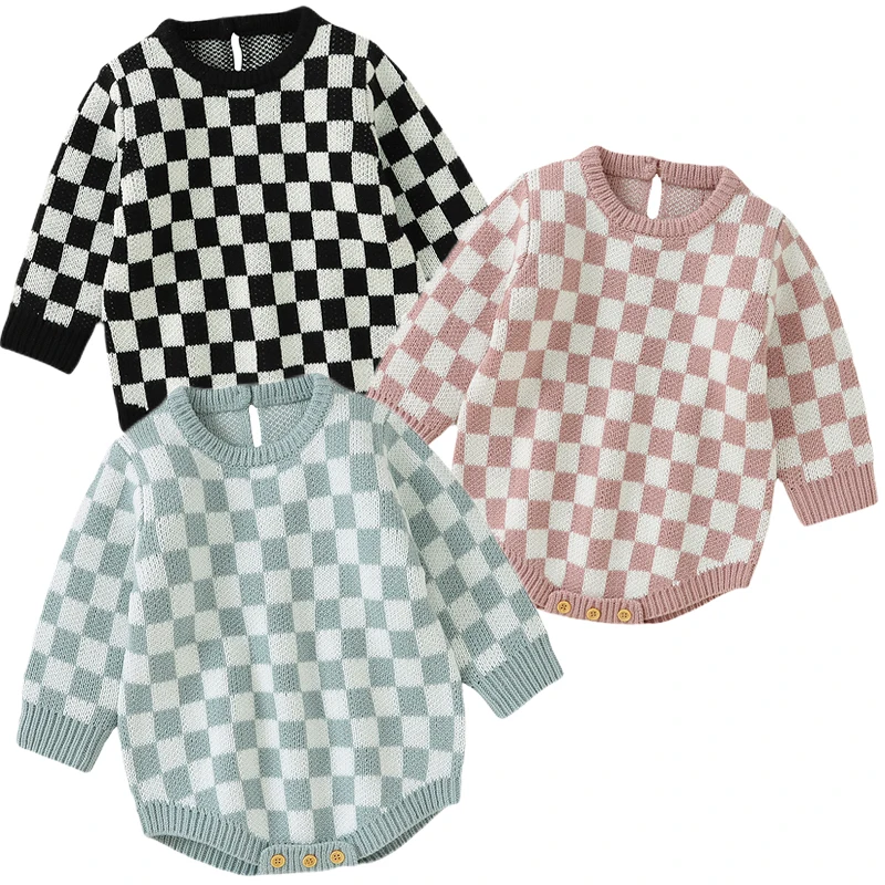 

Newborn Baby Bodysuits Grid Long Sleeve Infant Kids Girls Warm Knitted Onesie Coverall One Piece Toddler Winter Outwear Costume