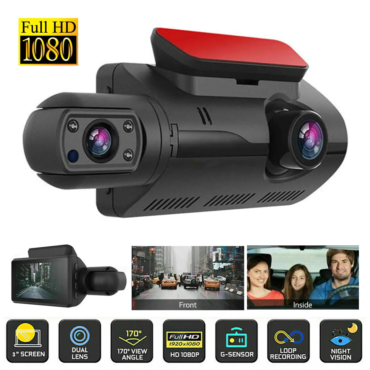 

1080P Dual Lens Car DVR Dash Cam Video Recorder G-Sensor Front&Inside Camera