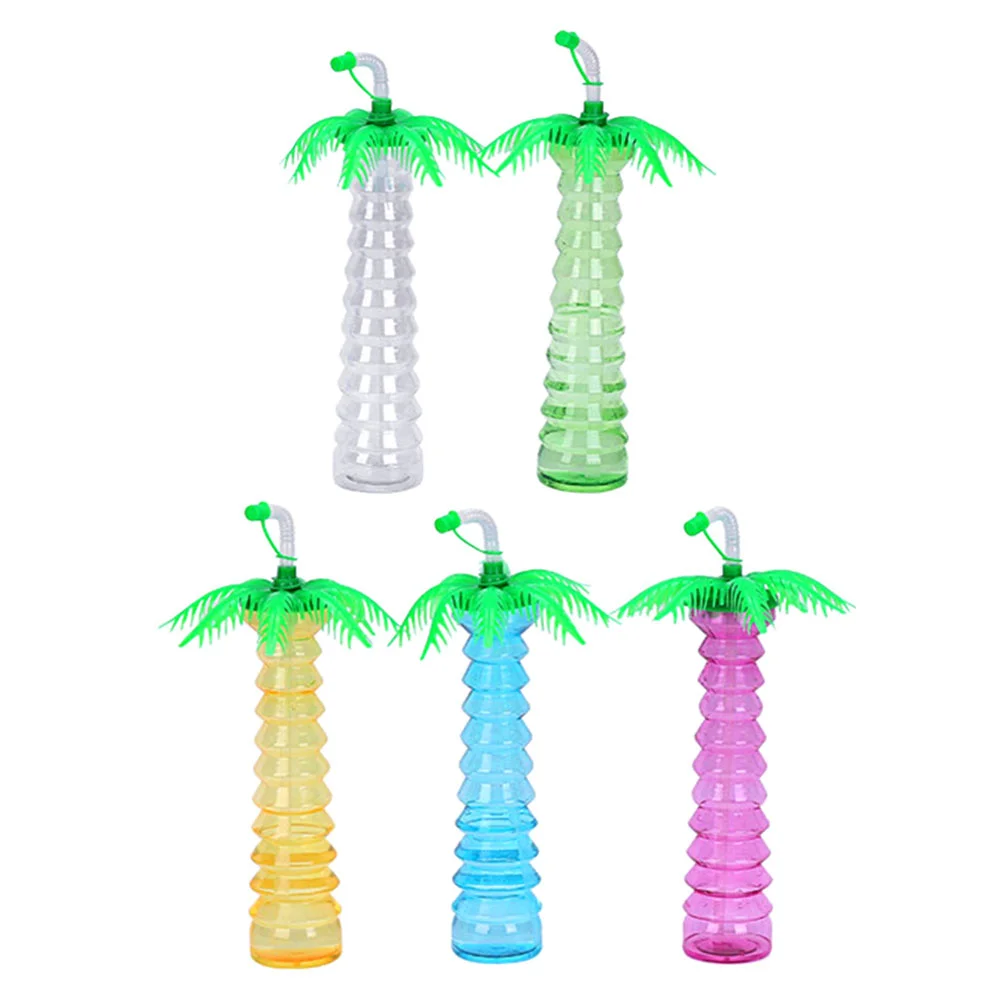 

5 Pcs Coconut Palm Cup Tree Shape Bottle Kid Water Smoothie Banquet Clear Tumbler Cups with lids and straws