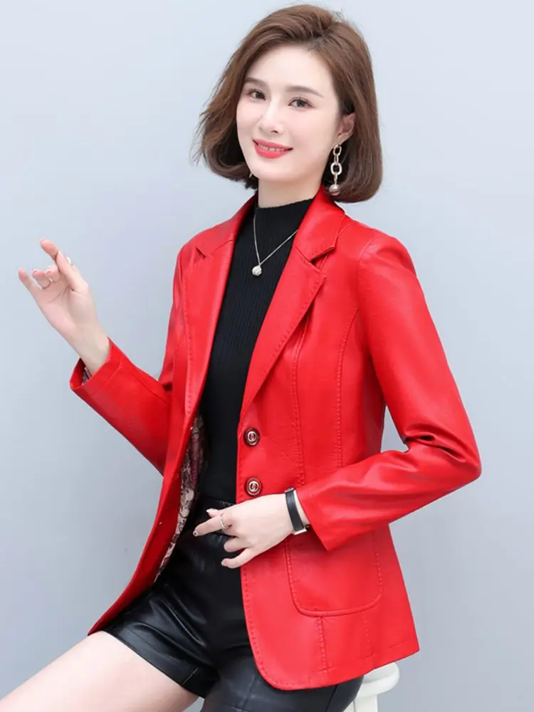 New Women Leather Blazer Spring Autumn Fashion Casual Suit Collar Long Sleeve Slim Waist Sheepskin Jacket Split Leather Coat