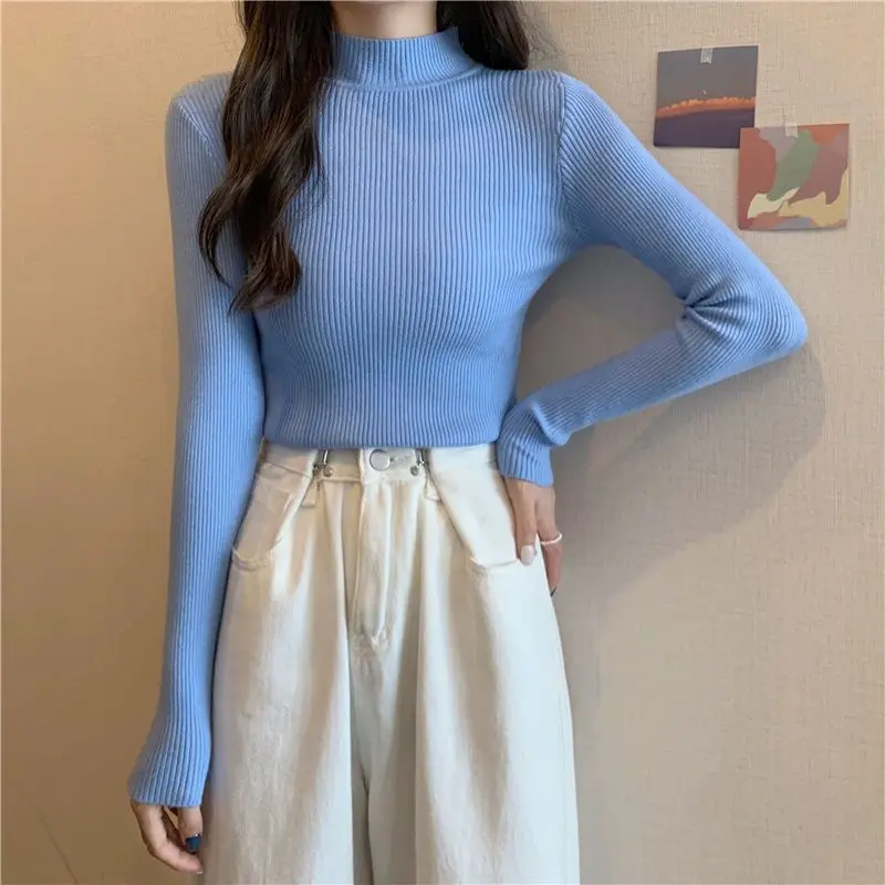 

Autumn New Korean Half High Neck Pullovers Top Sweater Women's White Blue Solid Color Long Sleeve Knitted Underlay Slim Fit Tees