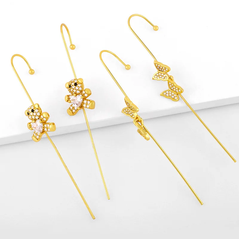 

Trendy Ear Needle Wrap Crawler Hook Earrings for Women Surround Auricle Diagonal Stud Copper Bear Animal Zircon Piercing Earring