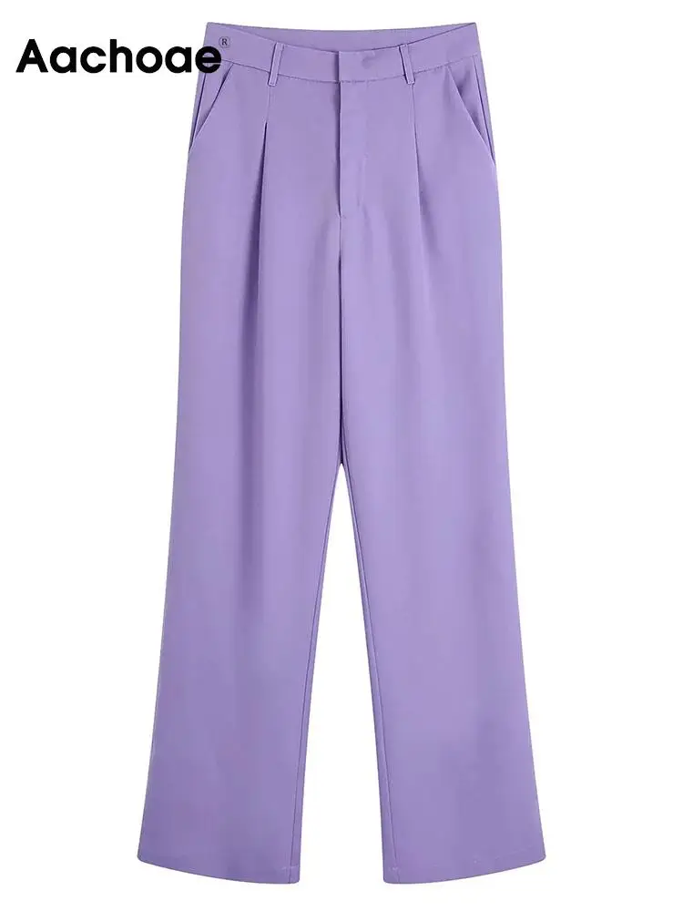 

Aachoae Women Fashion Solid Color Long Pants Casual High Waist Front Pleated Pants With Side Pockets Ladies Chic Purple Pants