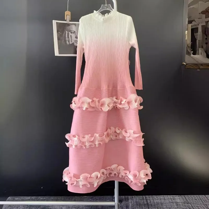 Женское кружевное платье миаке с длинным рукавом поясом на талии и высоким