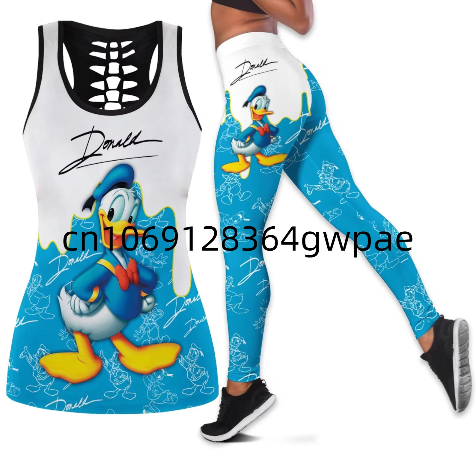 

Donald Duck Women Book Hollow Vest + Women Leggings Yoga Suit Fitness Leggings Sports Suit Disney Tank Top Legging Set Outfit