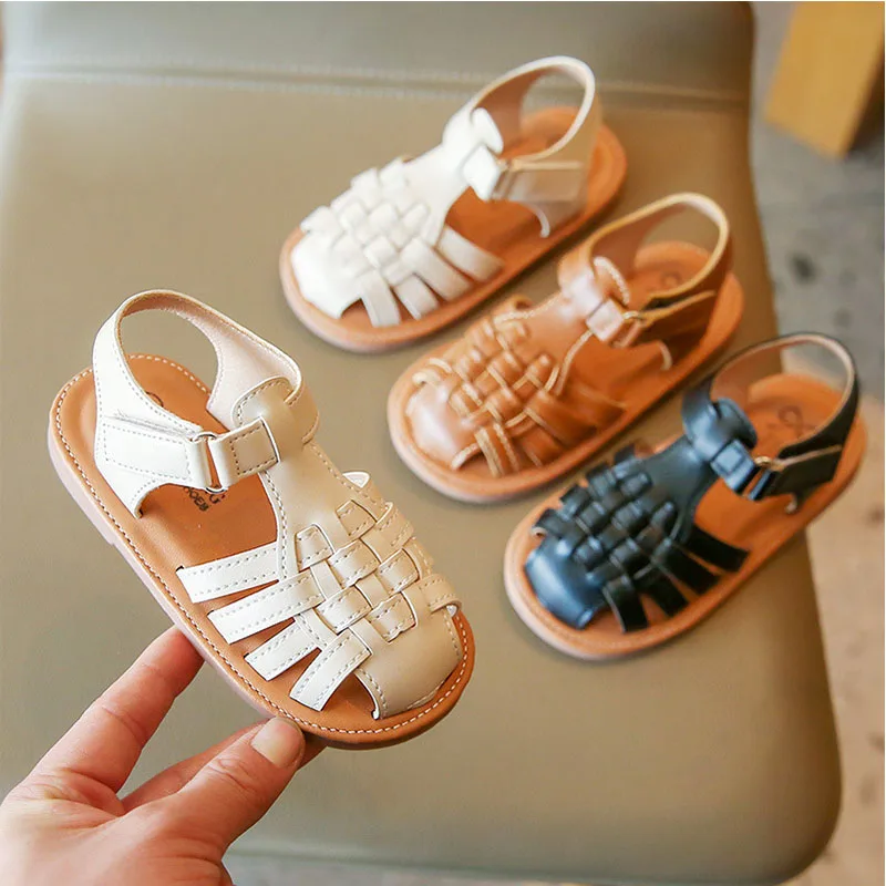 2023 New Vintange Weave Solid Girl's Sandals Closed Toe Sandals for Girl Kids Baby Flat Girls Sandals Summer Kids Shoes