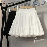 2022 summer korean style irregular pleated skirt women high waist slimming a line bubble skirt female white bud mini skirt