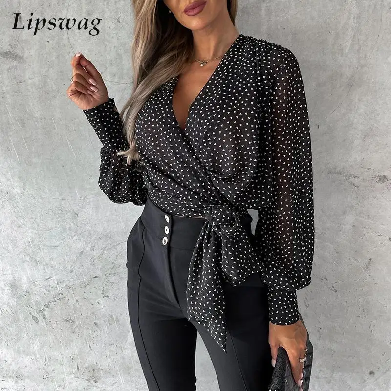 

Осенняя модная блузка в горошек с цветочным принтом, Весенняя пикантная рубашка с запахом, V-образным вырезом и завязкой, женские элегантные...