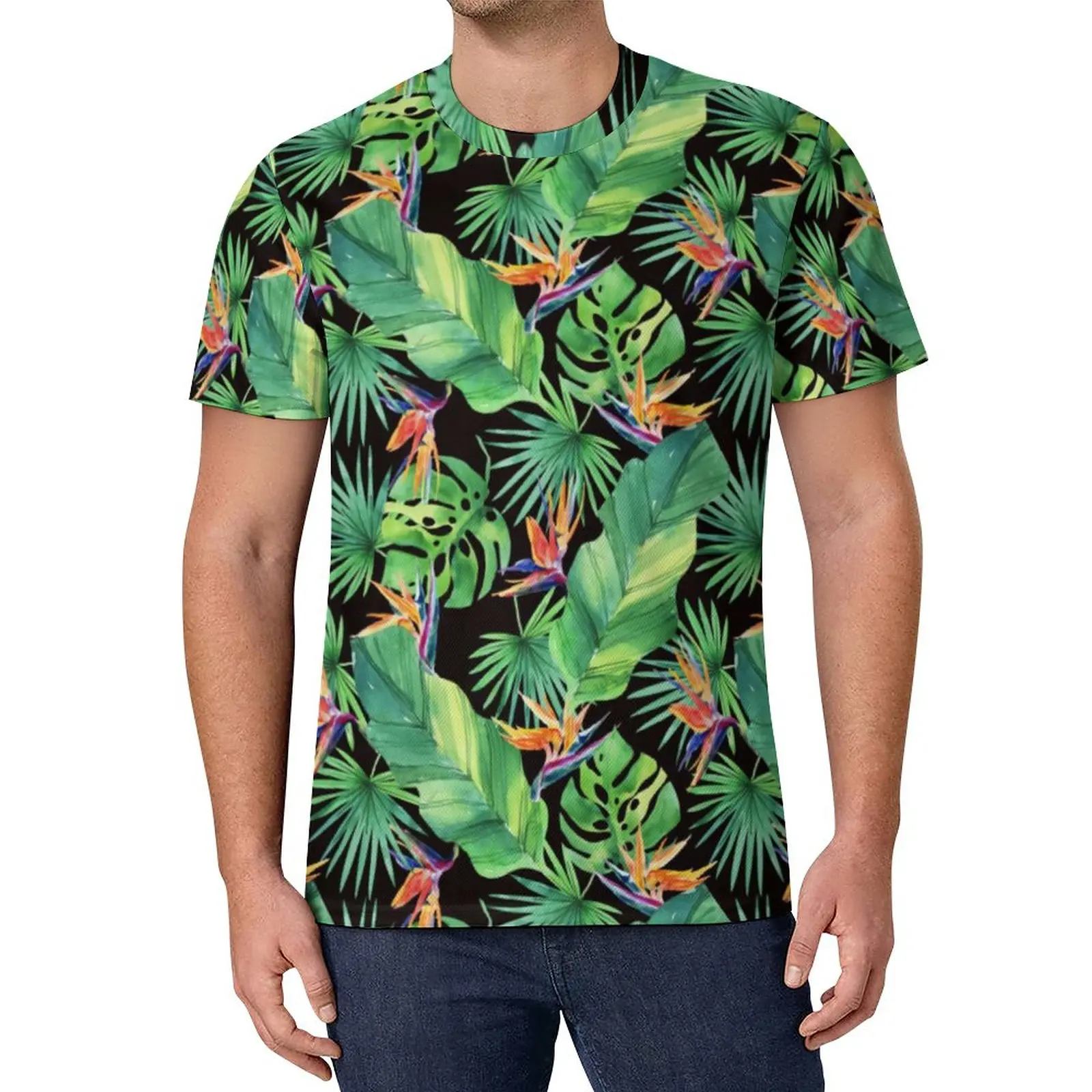 

Jungle Tropical Print T-Shirt Bird of Paradise Cool T-Shirts Short Sleeve Graphic Tops Essential Plus Size Top Tees