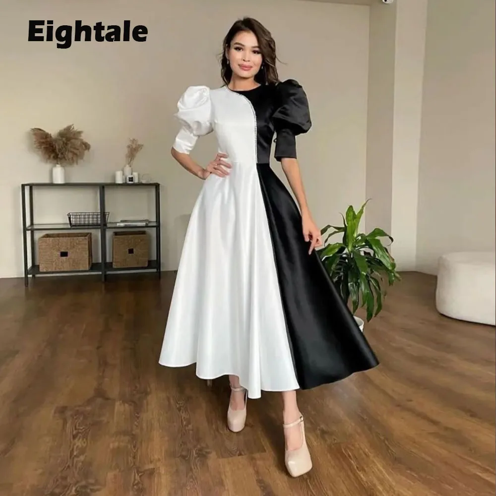 

Вечерние платья для свадебной вечеринки с круглым вырезом, атласные черно-белые платья средней длины для выпускного вечера, платья для выпускного вечера