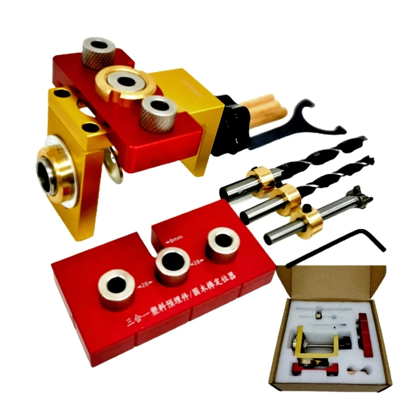 

3-in-1 Dowel Jig Kit 8/10/15mm Drill Guide Locator Anti-corrosion Aluminum Alloy Punch Locator for Wood Board Splicing