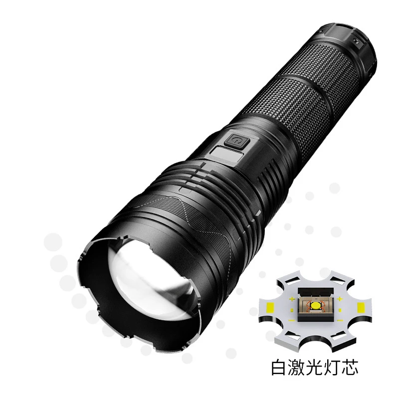 

Tiktok White Laser Flashlight LCD Power Display Input and Output Tail Broken Window Cone Zoom Power Torch