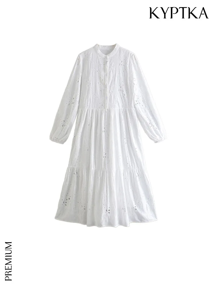 

KYPTKA Women Fashion Front Buttons Cutwork Embroidered Midi Dress Vintage Long Sleeve With Lining Female Dresses Vestidos