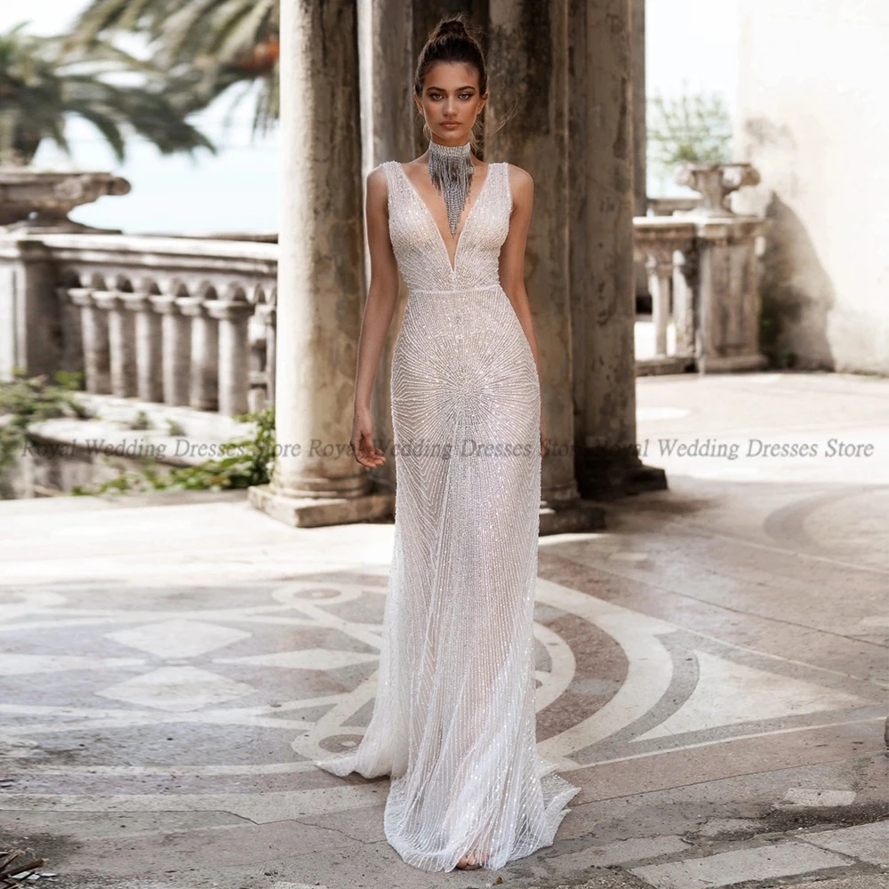 

Mermaid Wedding Dresses Applique Beads Lace Paillette V Neck Sleeveless Open Back 2022 Summer Floor Length Gowns Robe De Ma