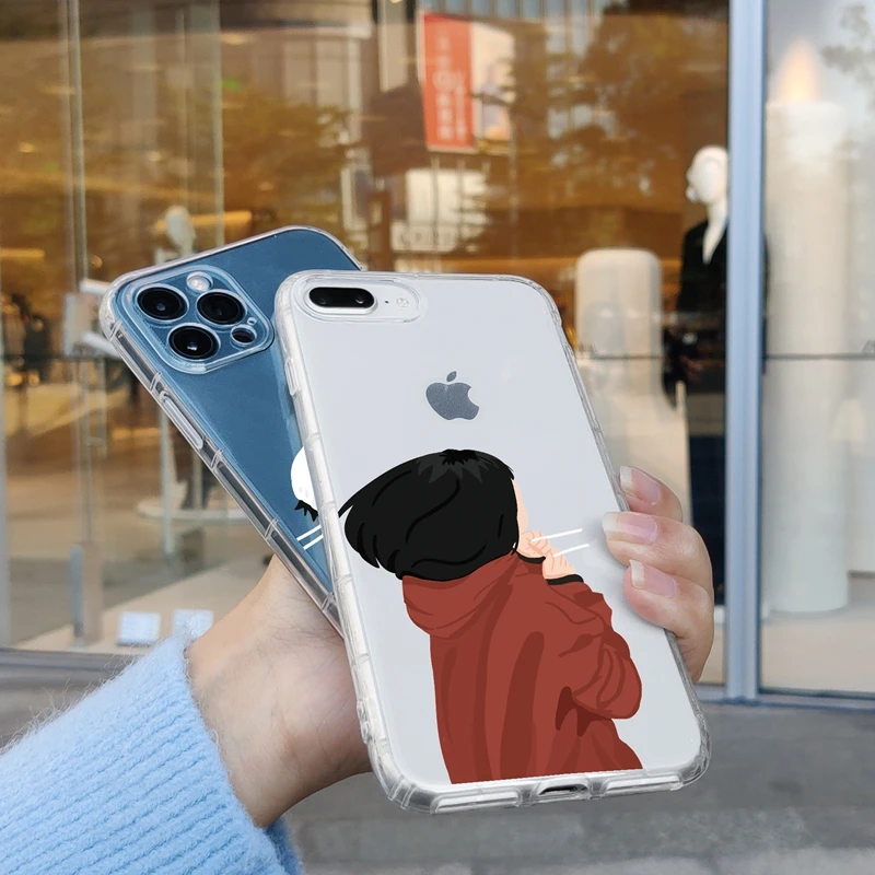 

Fashion Couple Boy Girl Phone Case For iPhone 13 12 11 Pro XS Max 8 7 6s Plus X XR 13 12Mini SE2 Case Transparent Soft TPU Cover