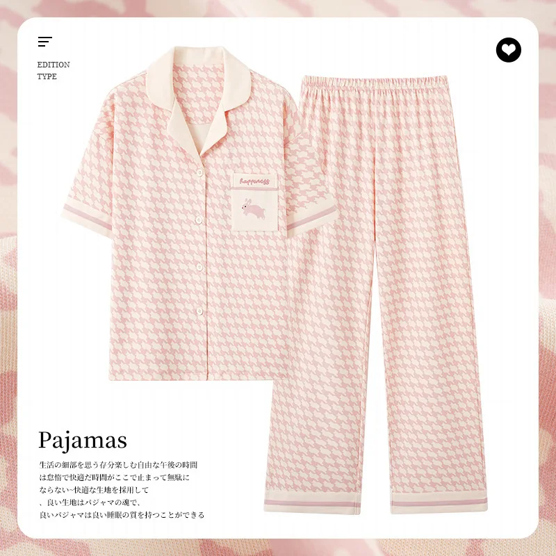 2023 New Summer Pure Cotton Women Pajama Sets Short Sleeve Long Pants All Cotton Lapel Loungewear Sleepwear Thin Two-piece Set