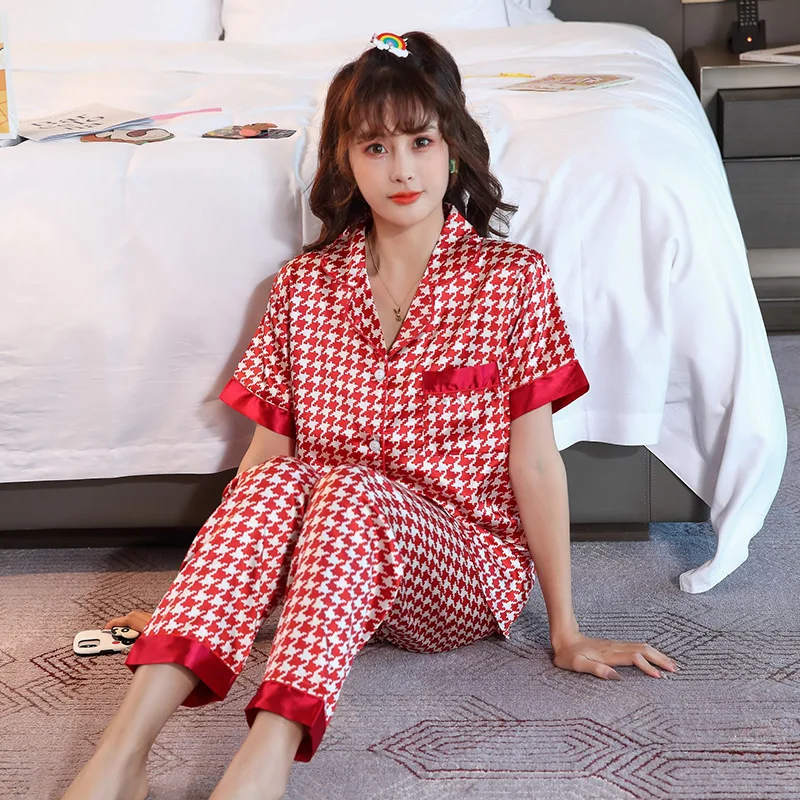 Womens Satin Pajamas Set Sleepwear Ladies Summer Pajamas Suit Female Sleep Houndstooth Pattern Two Piece Set Women's Loungewear