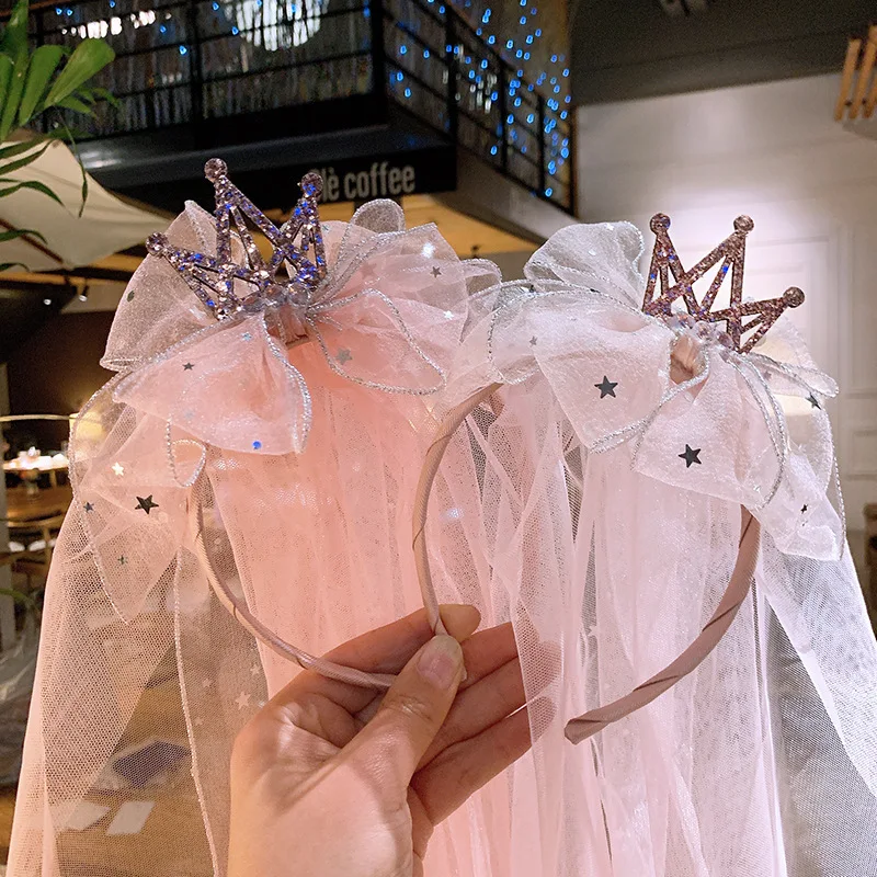 

Headbands For Kids Girl Princess Hairbands Yarn Veil Crown Bow Knot Flower Child Hair Accessories Korean Handmade Wholesale