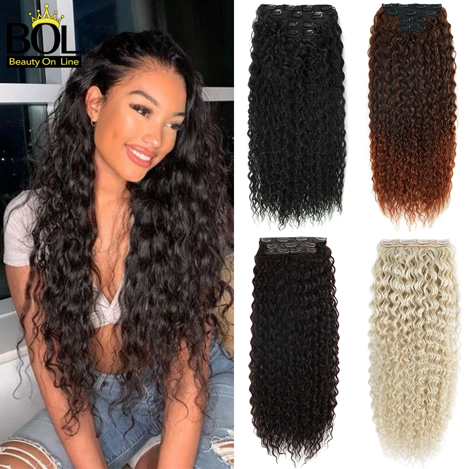 BOL Clip In Synthetic Hair 3 Pcs Full Head Long Kinky Curly Clip In Hair Extensions 28 Inch 220g Ombre Brown Black Hair