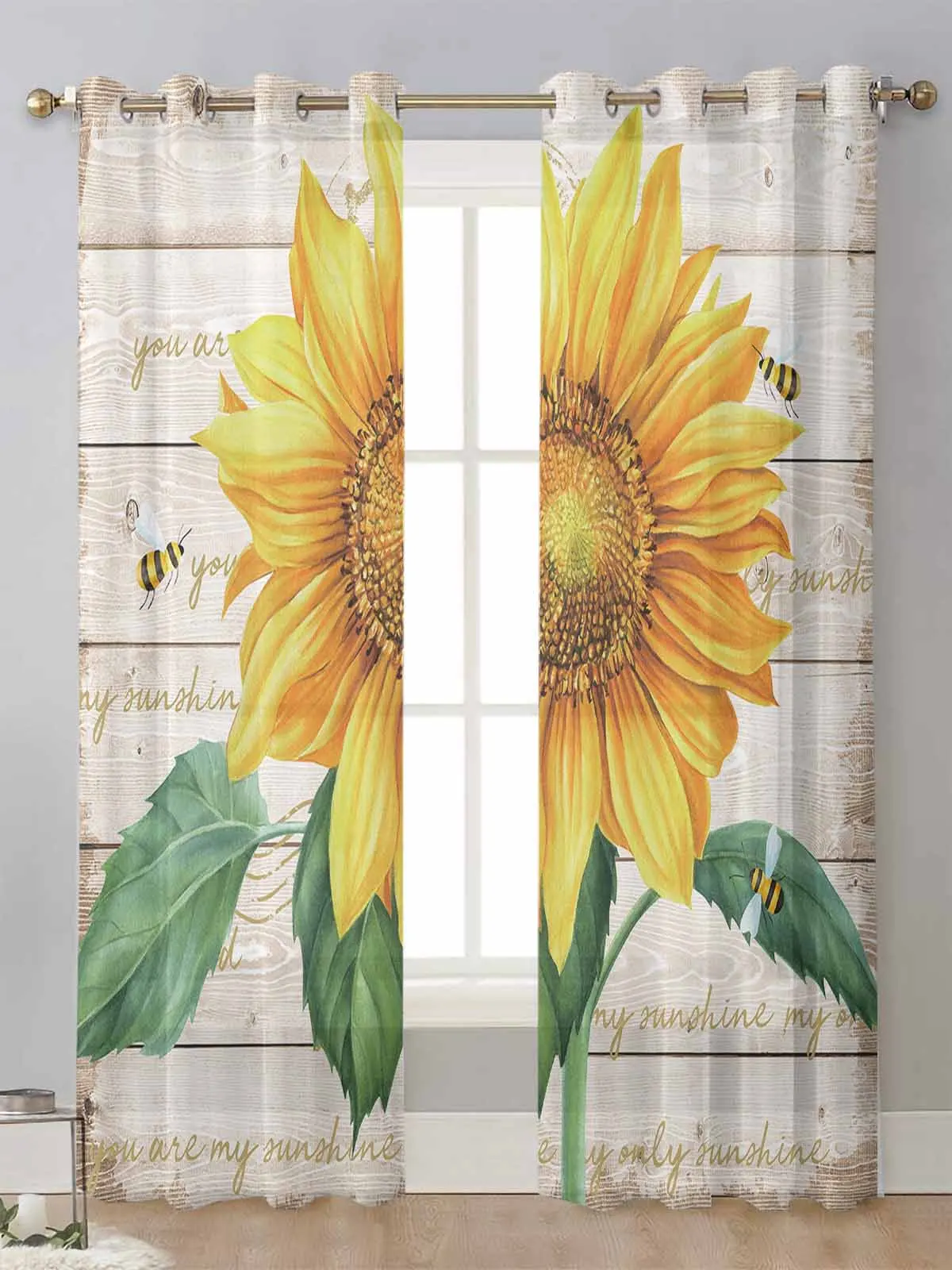 

Flower Sunflower Bee Wood Grain Sheer Curtains For Living Room Window Transparent Voile Tulle Curtain Cortinas Drapes Home Decor