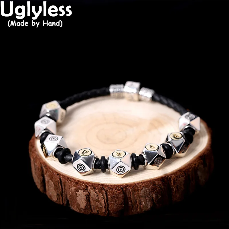 

Uglyless Multi-faceted 6-Word Mantra Silver Beads Bracelets for Men Buddhism Gifts Jewelry Real Leather Bracelets 925 Silver