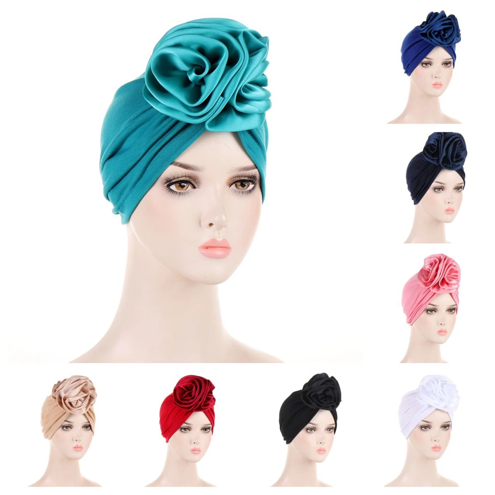 

Satin Flower Turban Chemo Caps for Women Bonnet Elastic Muslim Headwear Bandana Islamic Headscarf Hair Bands Hat Indian Headwrap