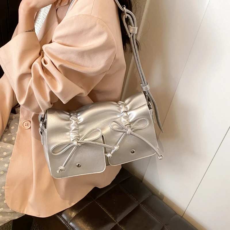 Женская эстетичная плиссированная милая сумка из искусственной кожи с бантом