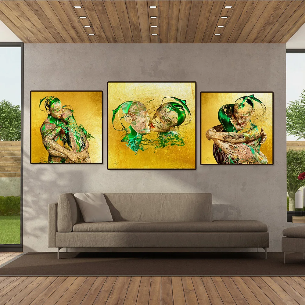 

Abstract Gold Green Sculpture Posters Couple Kiss Figure Statue Art Prints Canvas Painting Wall Art For Living Room Home Decor