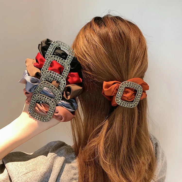 

Large Thin Square Rhinestones Scrunchies Solid Silk Bling Hair Ties Elastic Hair Bands Rubber Bands Women Girls Accessories