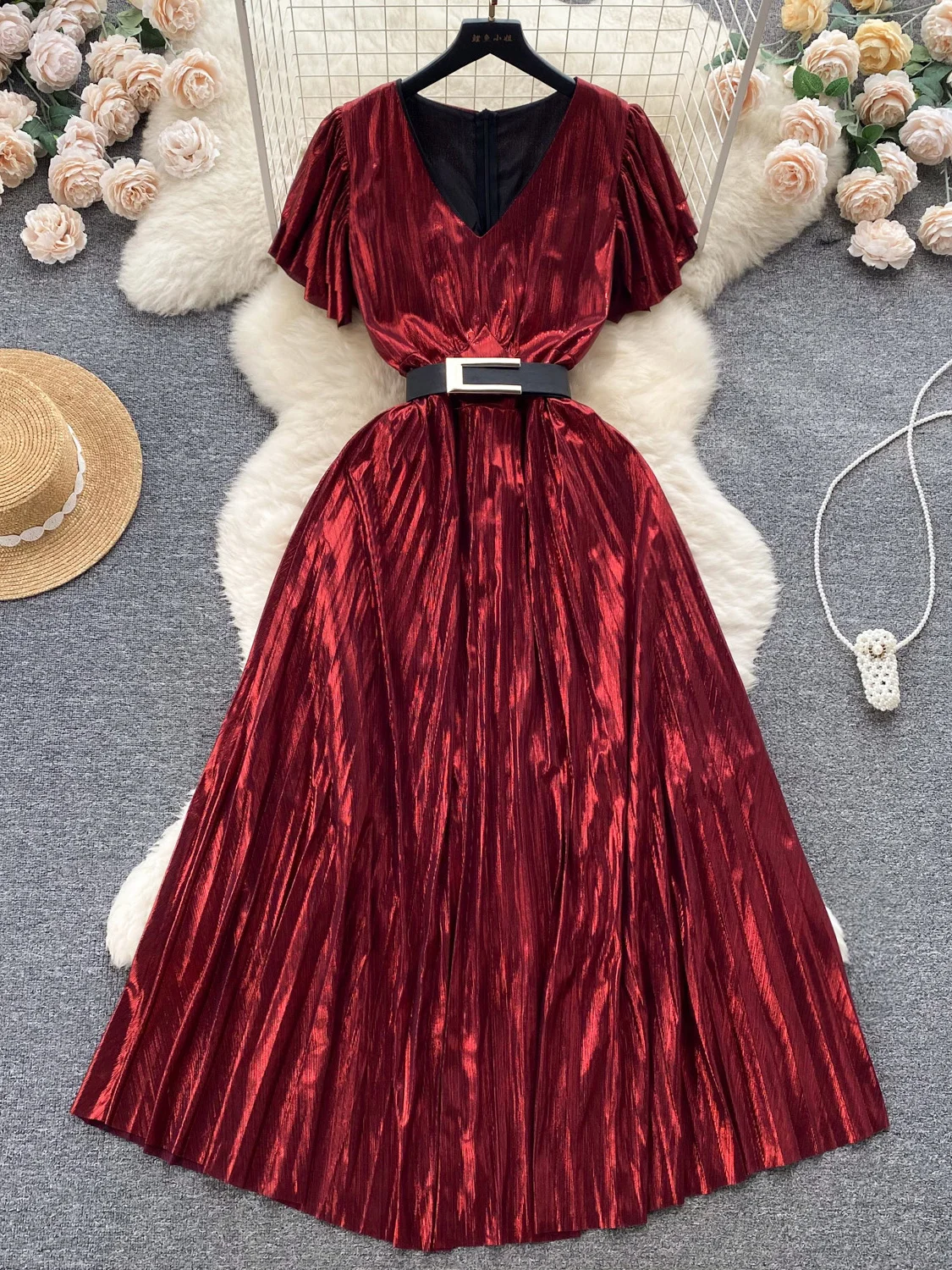 

Summer Green/Red/Purple Party Long Dress Women Vintage V-Neck Short Sleeve A-Line Maxi Vestidos Elegant 2023 Female New Fashion