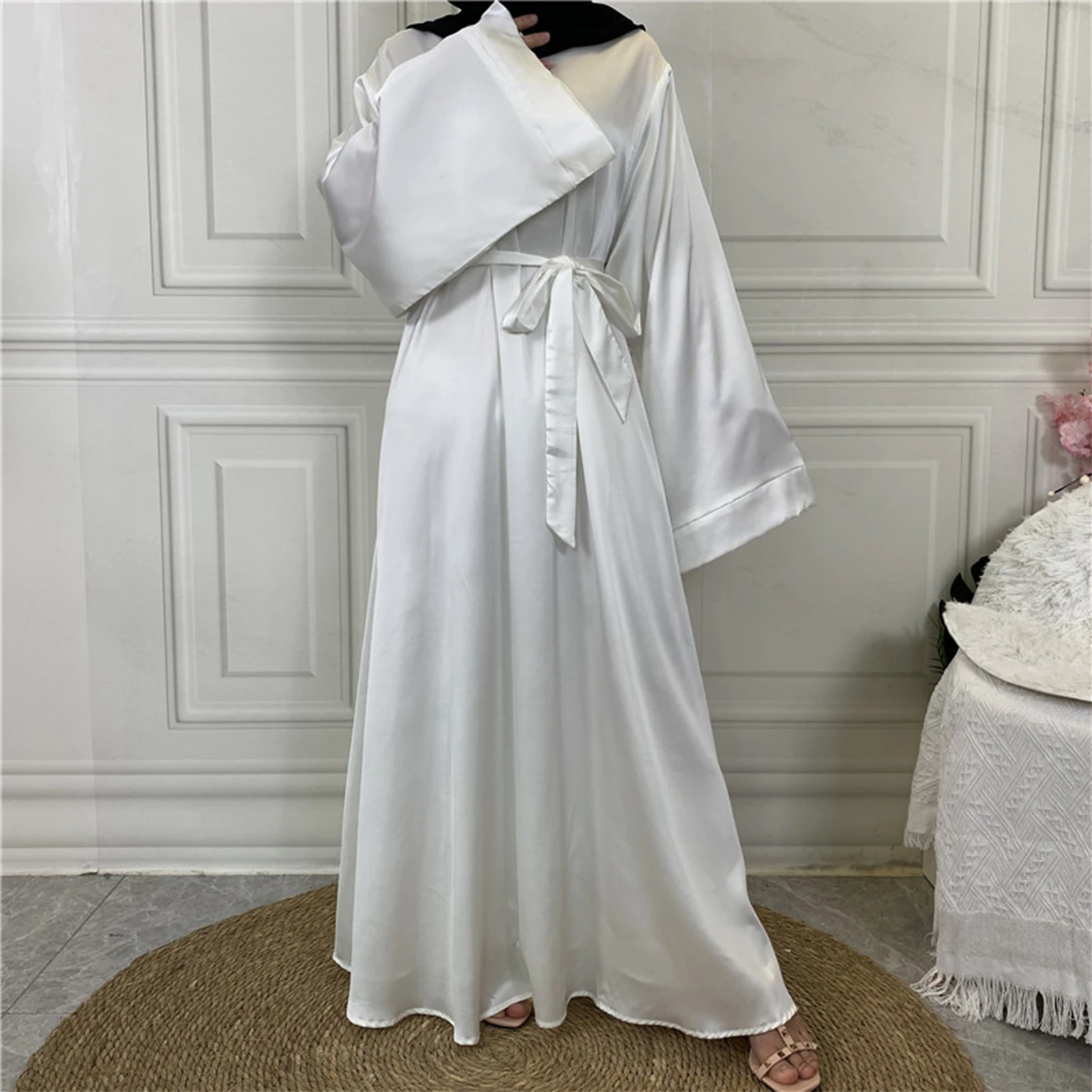 Women's Solid Satin Muslim Dress Casual Long Sleeve O-Neck Abaya for Female Fashion Loose Lace up African Dress Vestidos 2023
