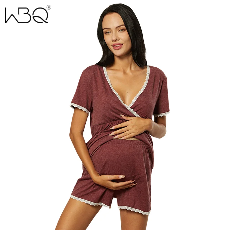

2PCS Set Maternity Sleepwear Women Soft Top Tee+Shorts V Neck Short Sleeve T-shirt loose Shorts Breastfeeding Sleep Suit