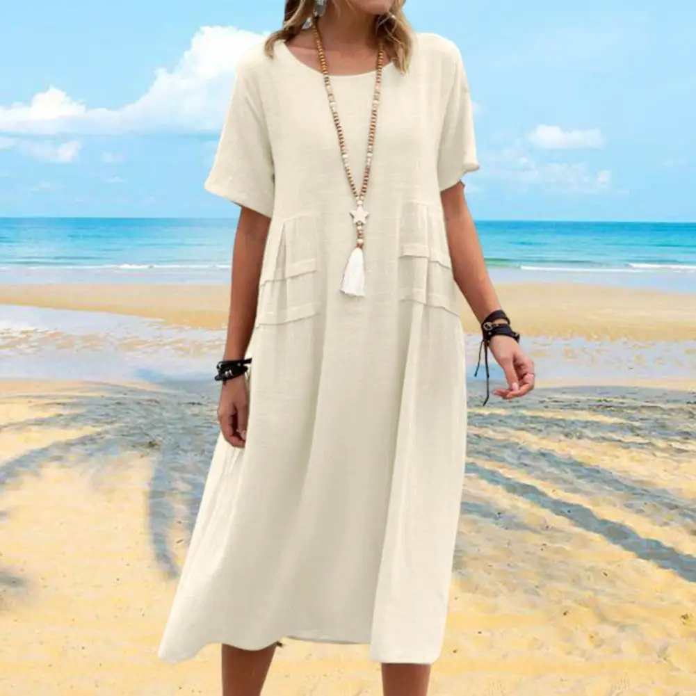Women Long Dress Solid Color Short Sleeves O Neck Breathable Cotton Linen Womenswear Swing Loose Fit Summer Beach Dress Vacation