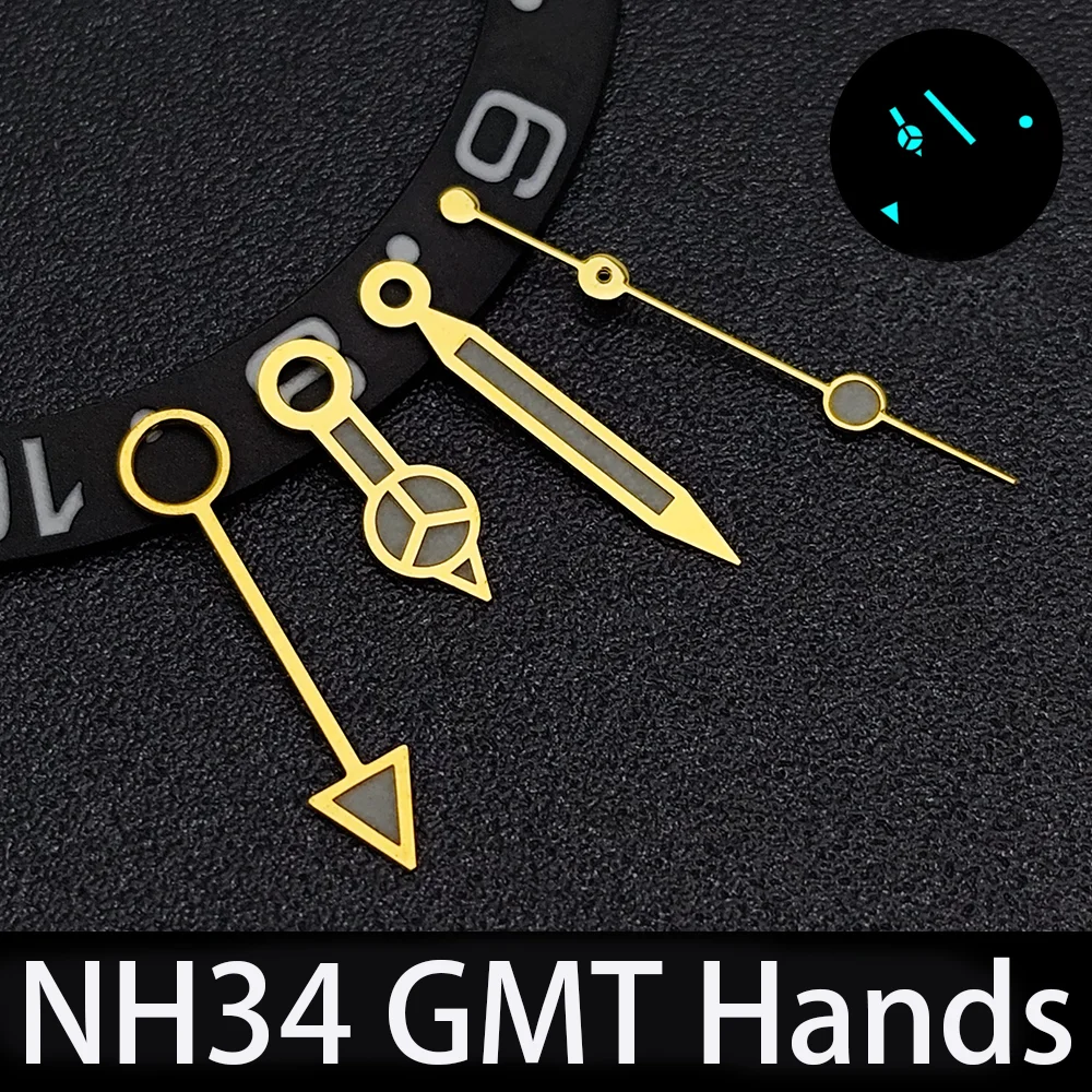 Фото Новые стрелки для часов NH34, сине-зеленые, светящиеся, указатель GMT, подходят для автоматических механизмов NH34 и NH35, запчасти для мужских часов. №5