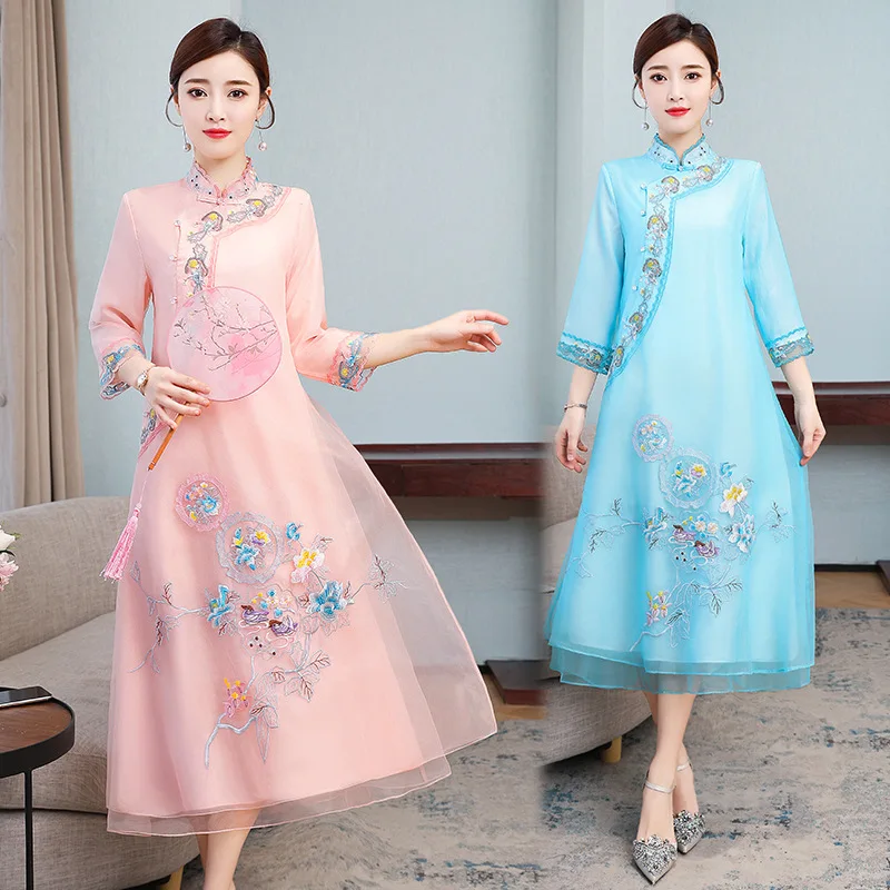 

Chinese Styles Vintage Women Hanfu Midi Qipao Dresses China Traditional Elegant Cheongsam Tang Suit New Robe Orientale Clothing