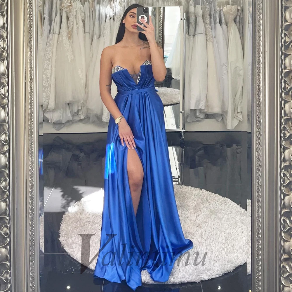 

Royal Blue Crystals Strapless Belt Sleeveless Satin Sexy Backless Evening Gown Side Slit For Women Custom Made Vestido De Fiesta