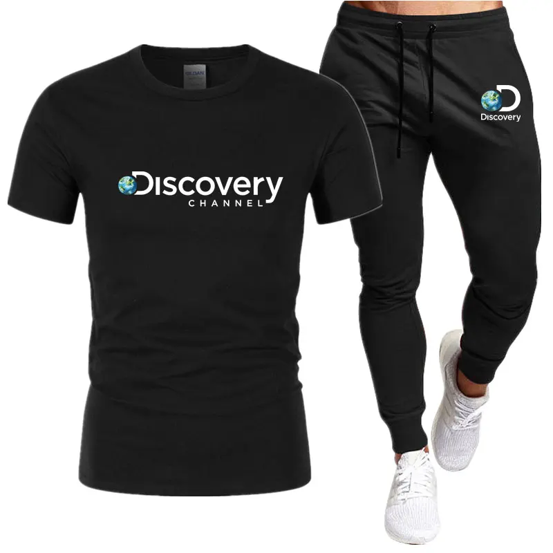 

Summer Discovery Channel brand Men's Set Tracksuit Sportswear Track Suits Male Sweatsuit Short Sleeves T shirt 2 piece set