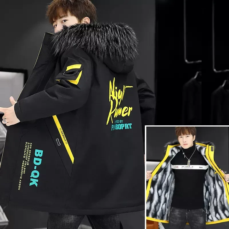 UHYTGF Thicken Warm Winter Coat Men's Quality Lamb Cashmere Down Cotton Hooded Windproof Parkas Jackets Male Youth Overcoat 154