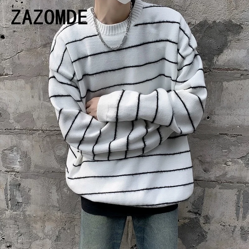 ZAZOMDE винтажный черно-белый полосатый свитер вязаный топ для мужчин осень-зима с