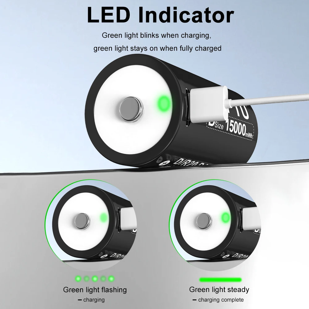 Литий-ионная аккумуляторная батарея 1 5 В размера D 15000 мВтч с USB-зарядкой для