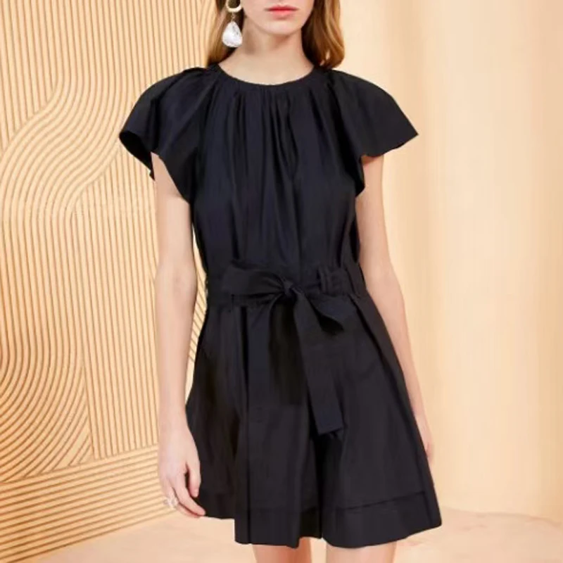 Women Vintage Style Short Sleeve Dark Blue Mini Cotton Dress with Sashes